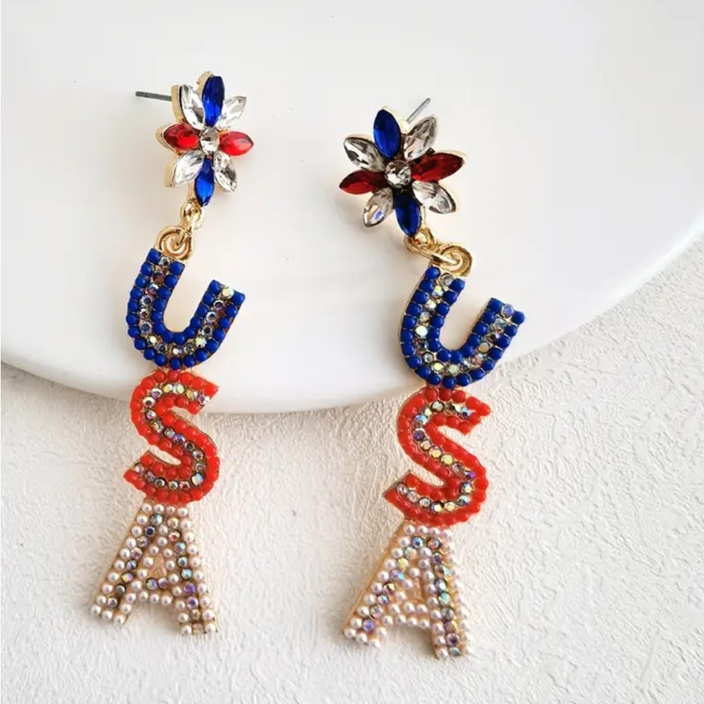 USA stud dangle rhinestone bead earrings